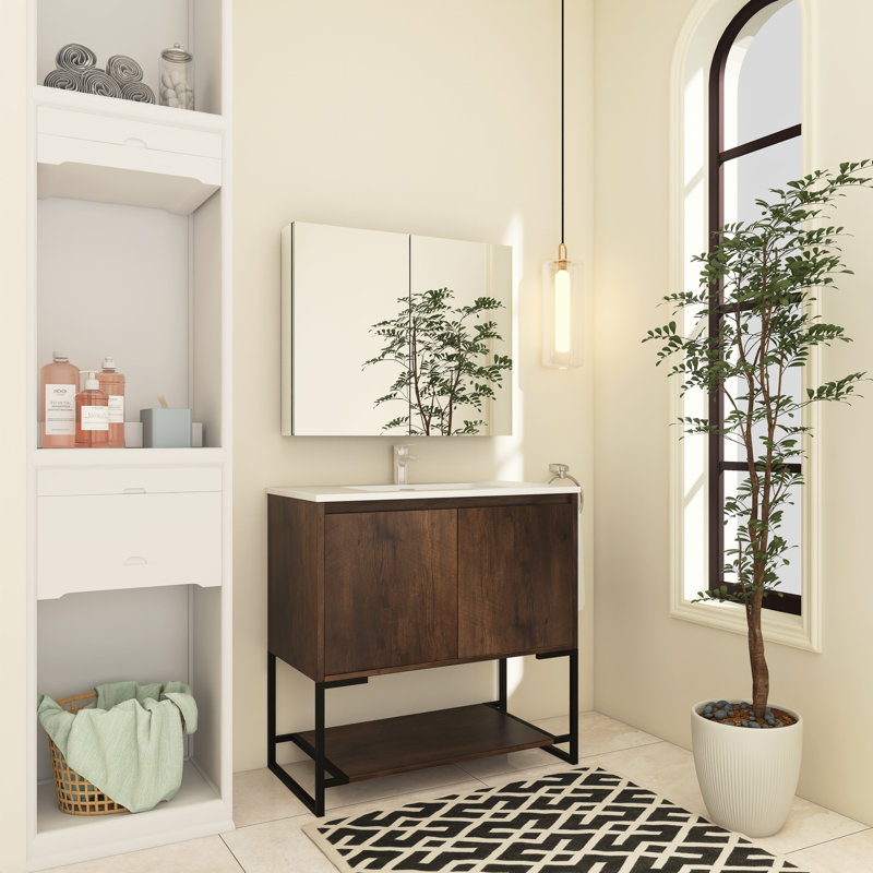 Meuble-lavabo simple 36 po avec plateau Bengi, Palissandre, Blanc