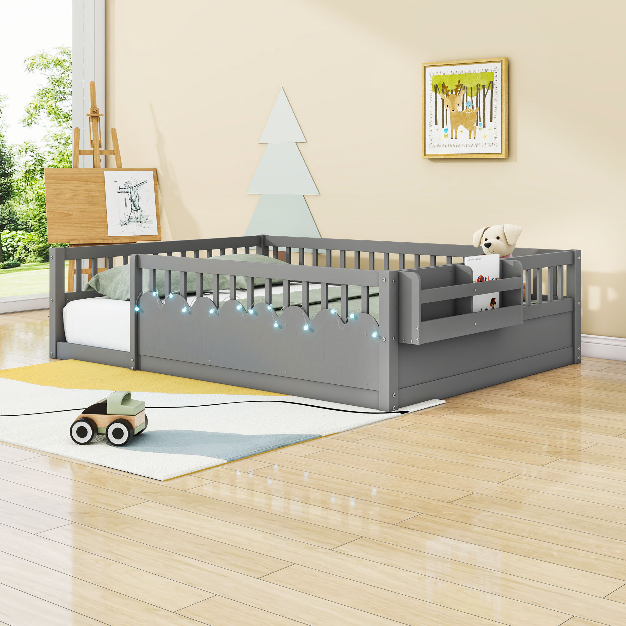 Harriet Bee Wood Montessori Floor Bed With Light And Guardrails