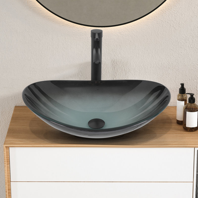 Wade Logan® Beyo 21'' Tempered Glass Oval Bathroom Sink with Faucet, Black, Black/Gray