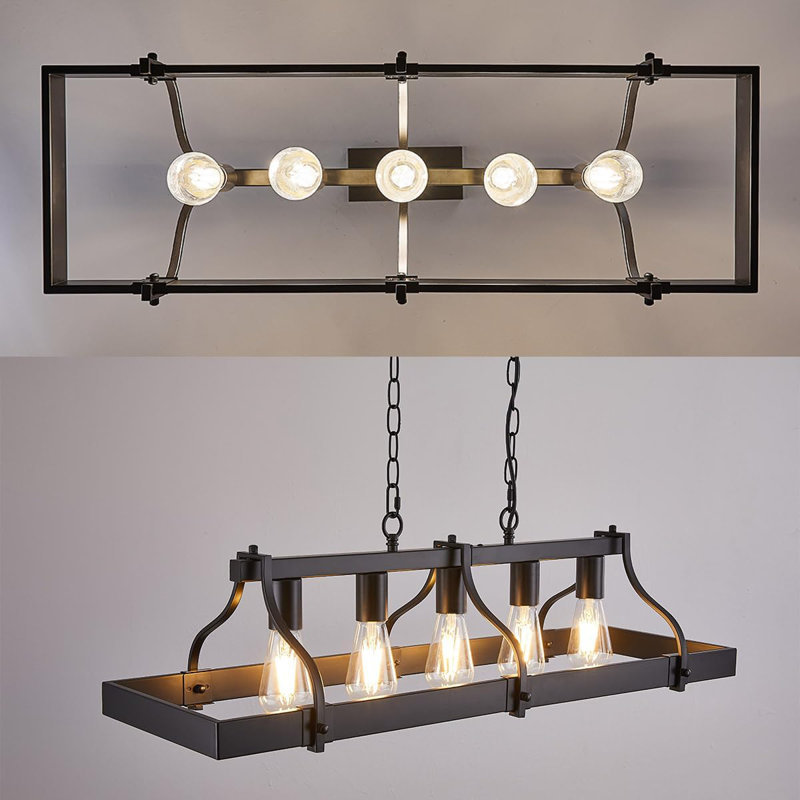 Rustic Farmhouse Chandelier With Wood And Metal Design, 5-Light Linear Ceiling Fixture For Dining Room And Kitchen Island