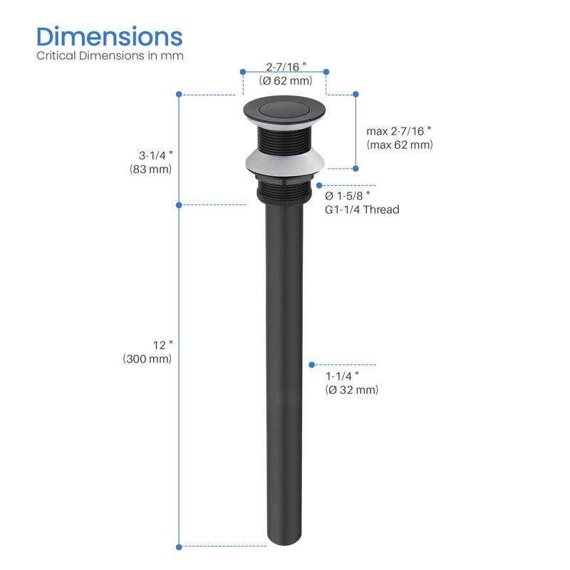 Bathroom Sink Pop Up Drain Stopper with 12" tailpiece, without Overflow, Matte Black
