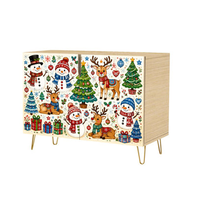 Buffet à 2 portes, décoré de bonhommes de neige, de rennes et de sapin de Noël, style moderne et coloré. Console/meuble de rangement en bois sur pied, idéal pour la cuisine, la salle à manger, le salon, l'entrée ou comme coin café.