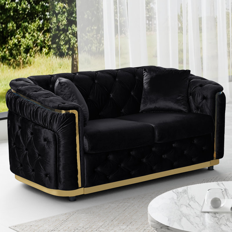 Causeuse en velours de luxe 62,6 pouces avec accoudoirs dorés Chesterfield , Noir, noir, noir, noir