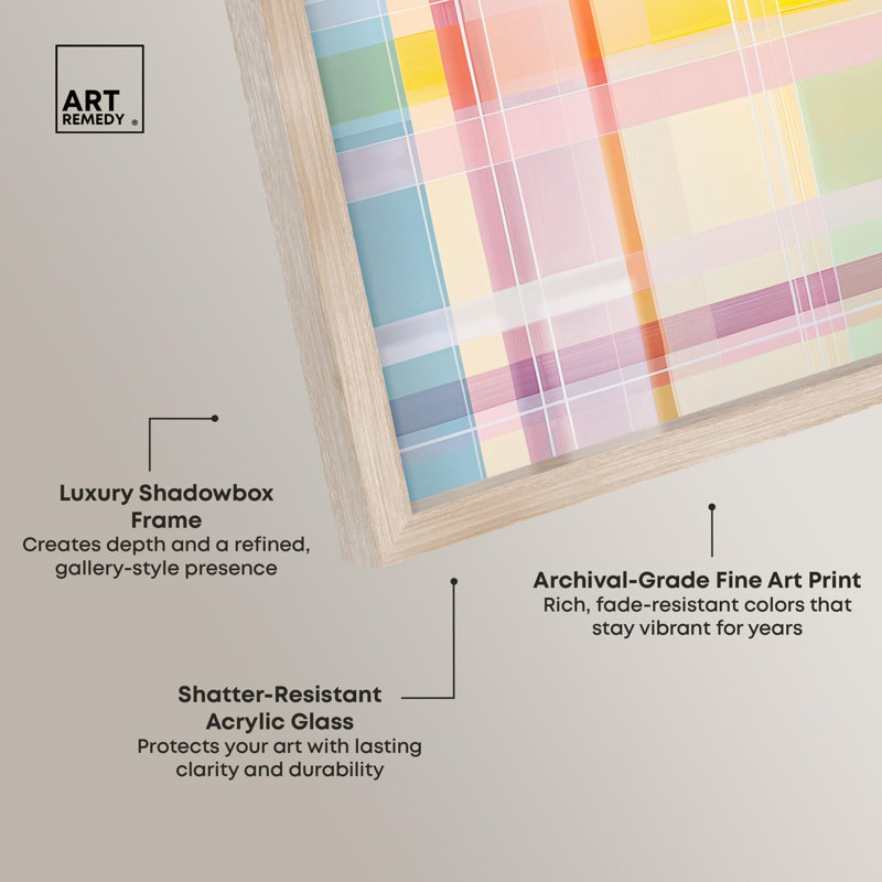 «Urban Plaid II», impression abstraite, boîte-cadre par Art Remedy, H 31 po x l 31 po, Crème, crème