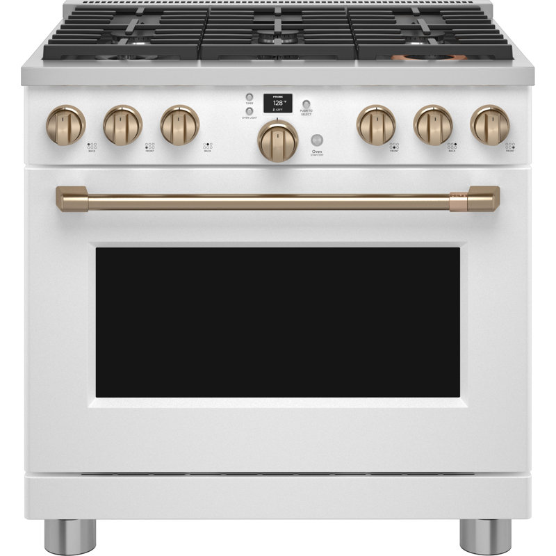 Café 36" Smart Dual-Fuel Commercial-Style Range With 6 Burners (Natural Gas), Matte White, Brushed Bronze