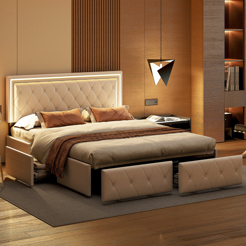 Upholstered Storage Bed, European Double (140 x 200 cm), Beige