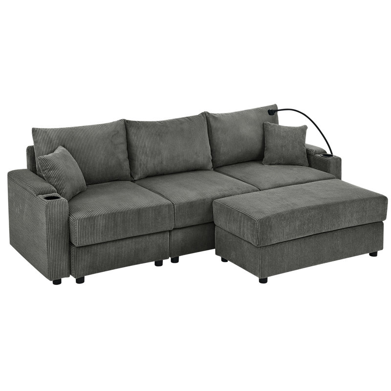 Velours côtelé gris avec coussins hauts, rangement et porte-gobelet pour téléphone