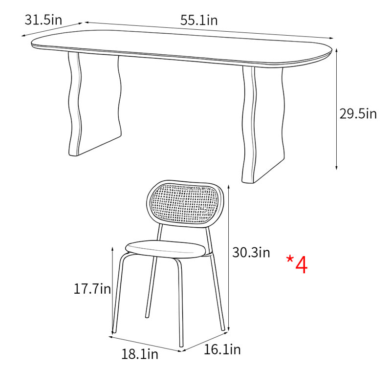 Ensemble de table de salle à manger de style français, H 29,5 po x L 55,1 po x l 31,5 po