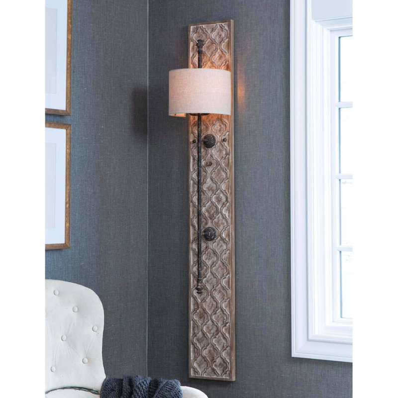 Distressed Gold Dual-Light Linen Shade Carved Sconce