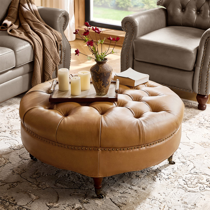 Gerardo 40"W Traditional Genuine Leather Ottoman with Tufted Top Nailhead Trim and Caster Wheels, Camel