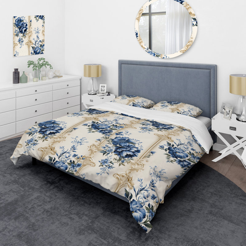 Ensemble de housse de couette motif ornemental bleu à motif victorien III, Housse de couette pour très grand lit et 2 très