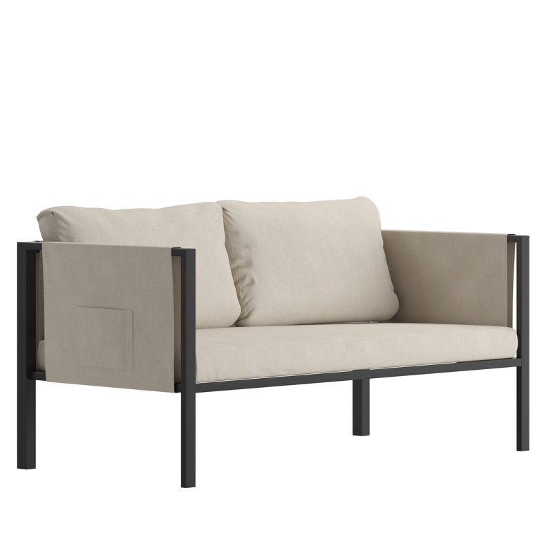 Annegriet Steel Frame Loveseat with Included Cushions and Storage Pockets, Dark Beige