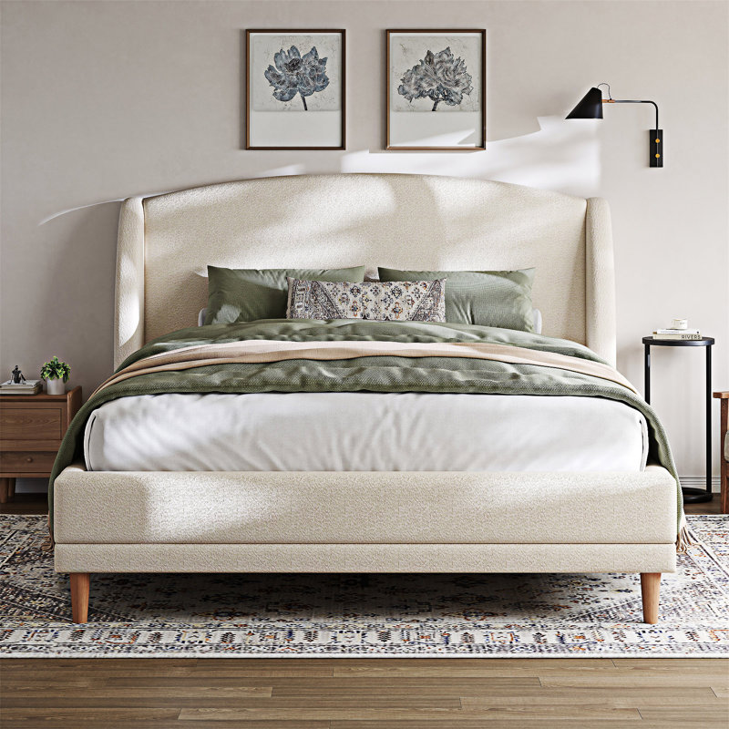 Upholstered Platm Bed With Wingback Headboard, Queen