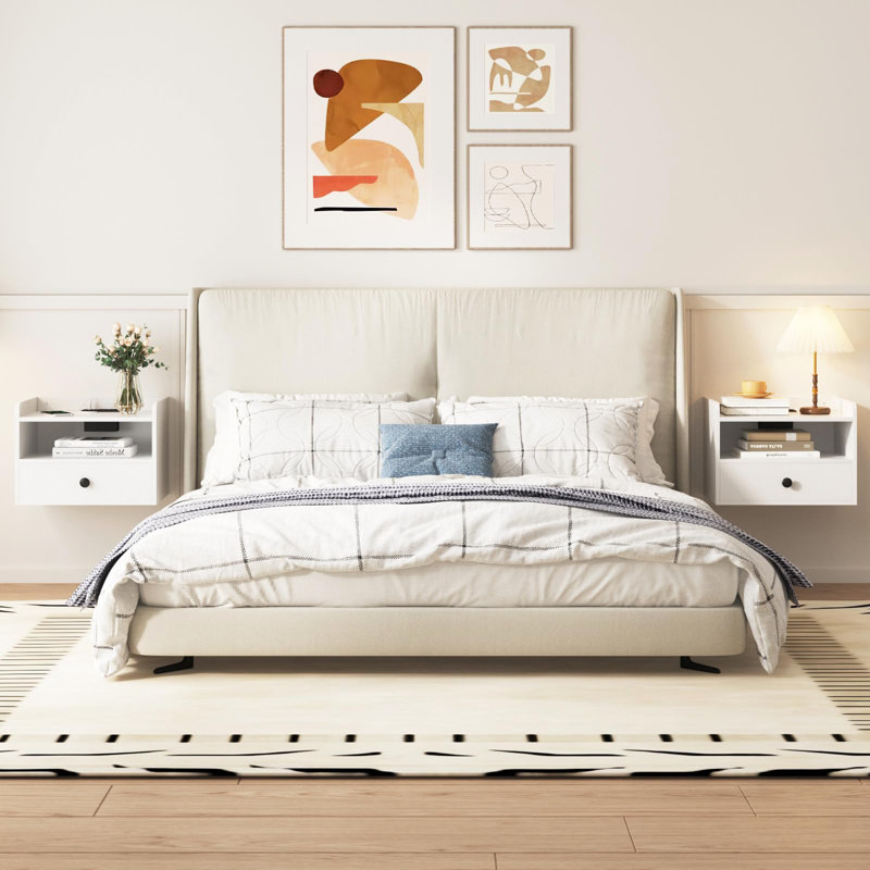 White Wood Floating Nightstand Set with Drawer and Shelf