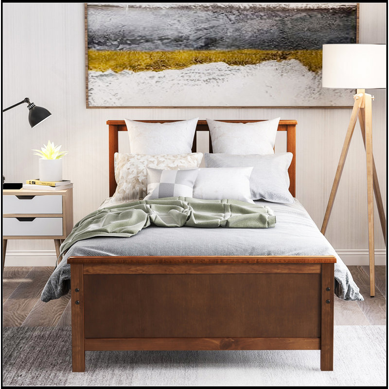 Lit plateforme simple en bois avec tête de lit, pied de lit et lattes en bois, Noyer