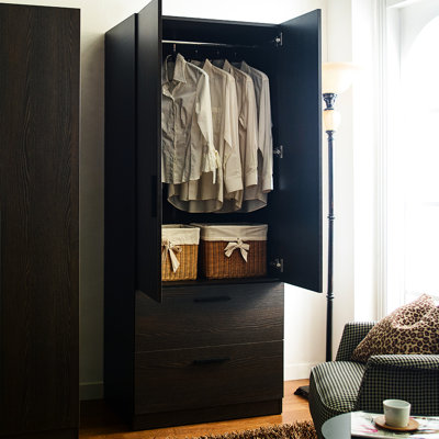 Two-door Dark Brown Wood Closet With Hanging Bars And Two Drawers - Brook Soft Closing For A Calm Reading Room, Extra Deep Storage Books Magazines Storage, Water Heat Room Furniture, Stain Scratch