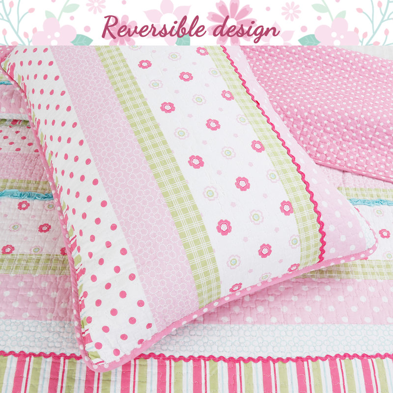 Pink Cotton Twin Reversible Kids' Quilt Set with Pillows