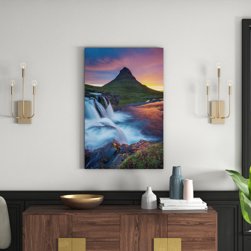 Dawn over Kirkjufell and Kirkjufellsfoss I, Grundarfjordur, Snaefellsnes Peninsula, Vesturland, Iceland 1 Piece Wall Art on Canvas