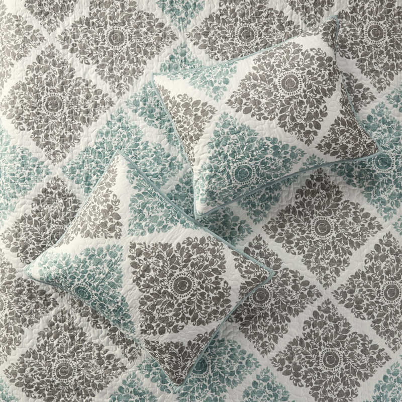 Aqua and Gray Reversible Microfiber Full Quilt Set with Shams