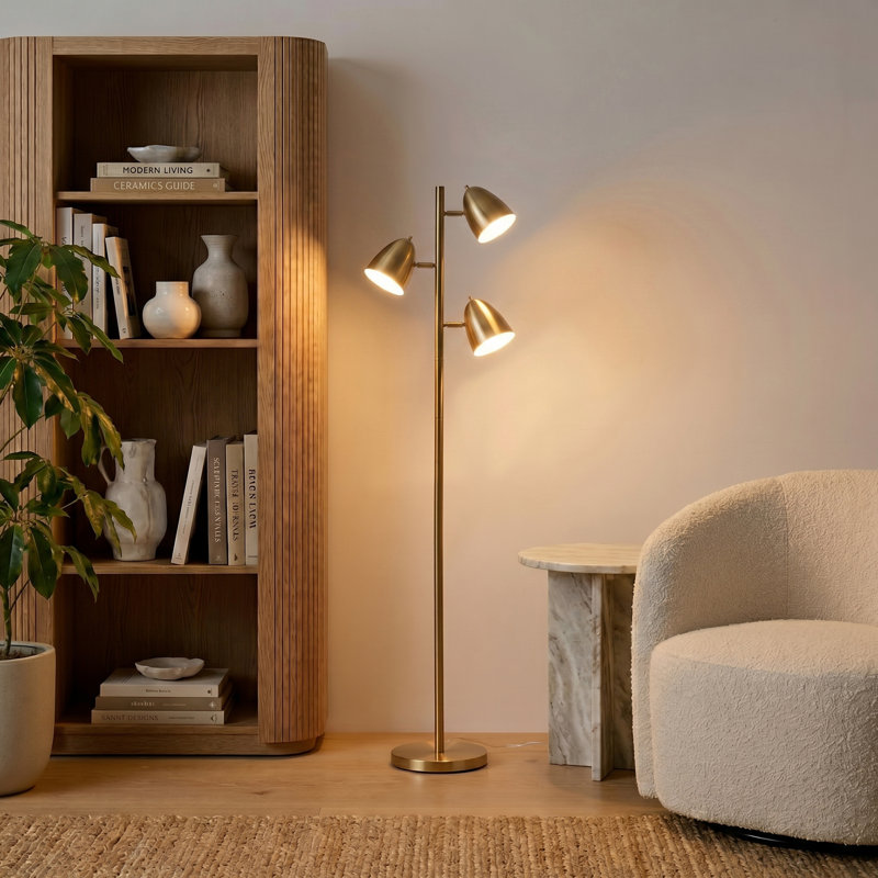 Jacob 64" Modern 3-Light Adjustable LED Floor Lamp with Gold Brass Finish and Metal Cone Shades, Bulbs Included, Brass