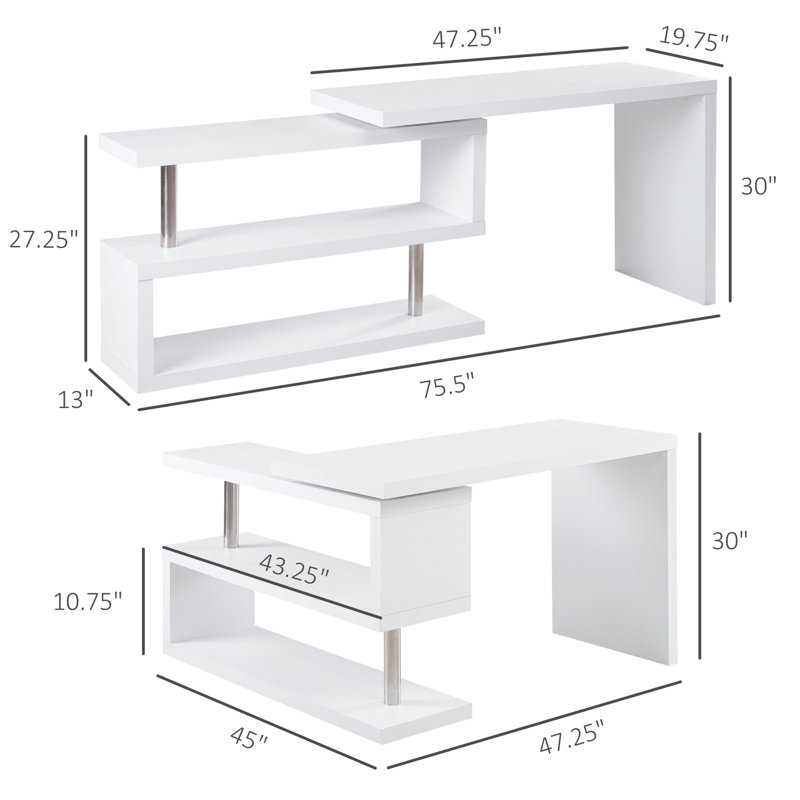 360? Rotating White L-Shaped Corner Computer Desk with 3-Tier Storage Shelves