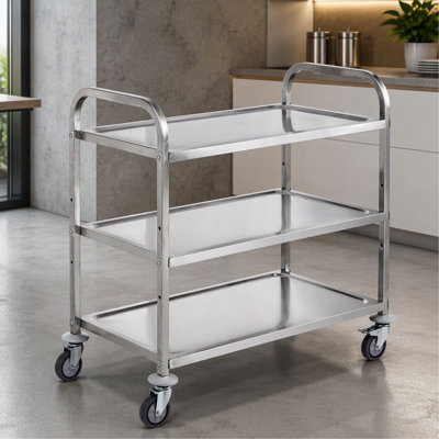 Chariot de cuisine, 3 niveaux, chariot roulant avec capacité de 450 lb, chariot de service en acier sur roulettes, chariot de rangement en métal avec doublure en PP à poignée courbée de 80 mm, 6 crochets, pour une utilisation intérieure et extérieure