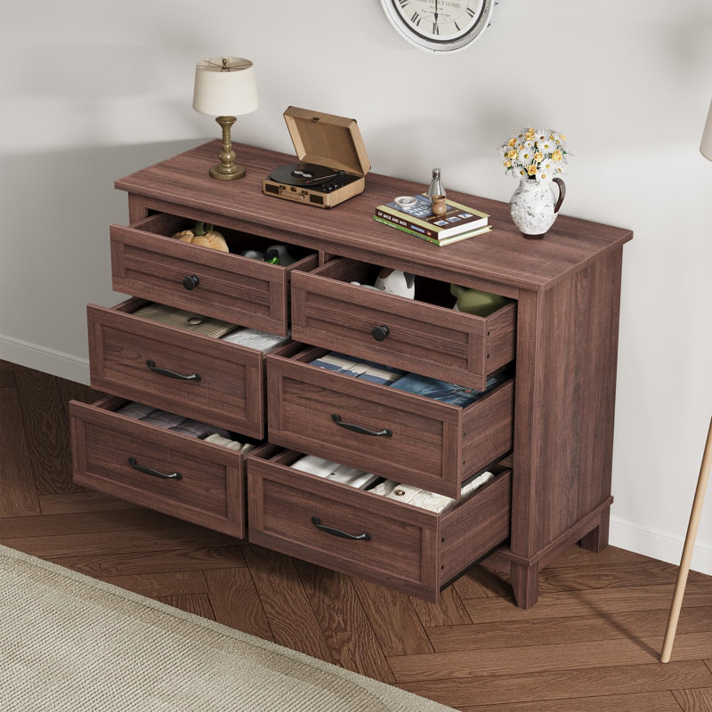 Commode 6 tiroirs, commode large 47 po avec rangement autoportant, commode en bois, Brun