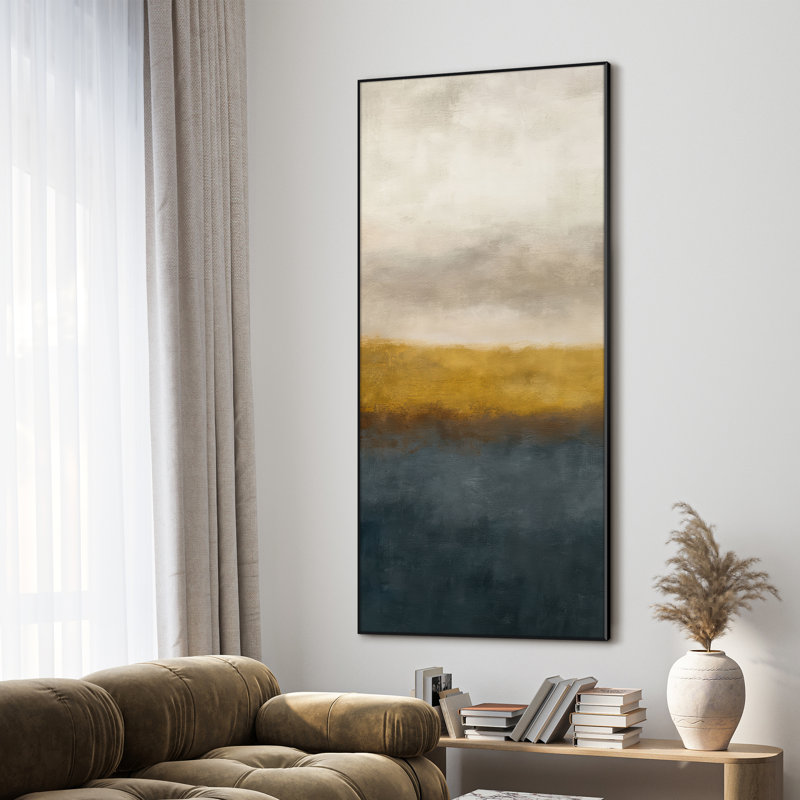 Très grande reproduction d'art sur toile - Champ doré et eau bleue, décor de paysage abstrait pour le salon ou la chambre à coucher - «Assemblage requis du cadre (cadre non fini)»