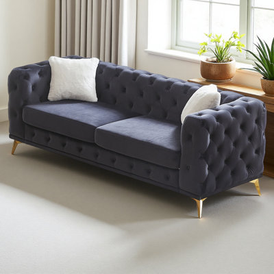 Canapé de luxe en velours de 82,5 pouces avec boutons capitonnés Chesterfield avec 2 coussins et pieds en métal