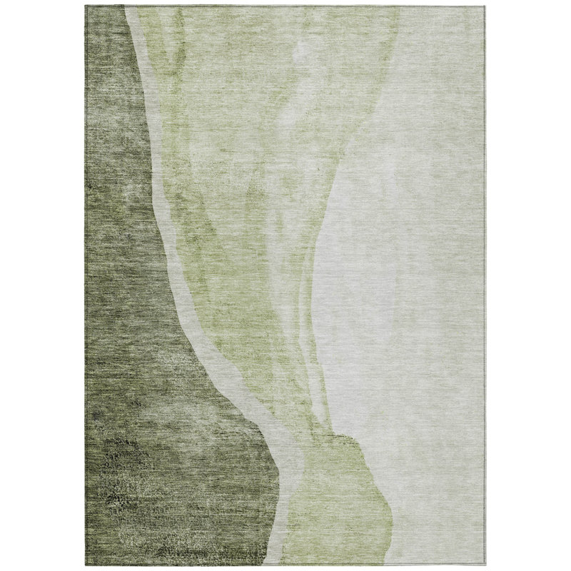3' X 5' Olive Green And Beige Abstract Washable Indoor Outdoor Area Rug