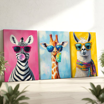 3 Pieces Vibrant Animal Portrait Large Wall Art with Sunglasses, Three Pieces Wall Art for Living Room, Bedroom, Office, and Home Decor, Ready to Hang