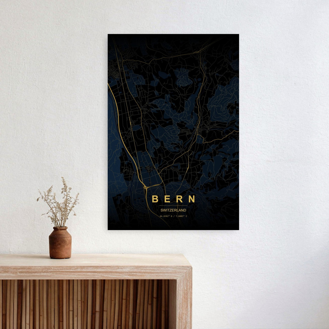 Golden Bern City Map Abstract Minimalist Modern City Wall Art Print