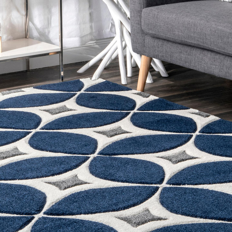 Tapis géométrique bleu marine / gris / blanc, Tapis de couloir beige