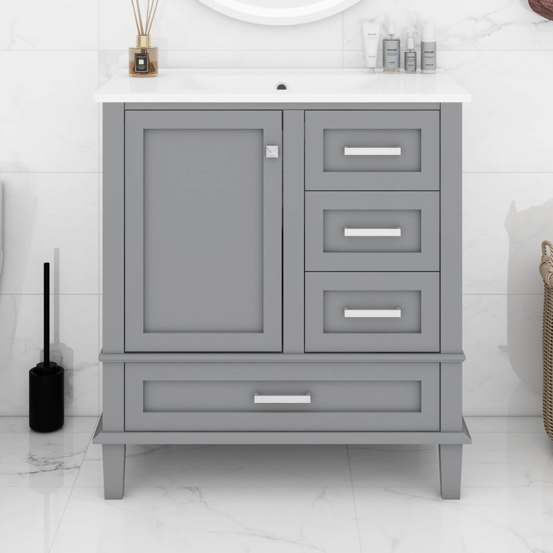 Ensemble de meuble-lavabo 30 po avec lavabo, armoire de rangement moderne avec porte à fermeture douce et 3 tiroirs, structure en bois massif