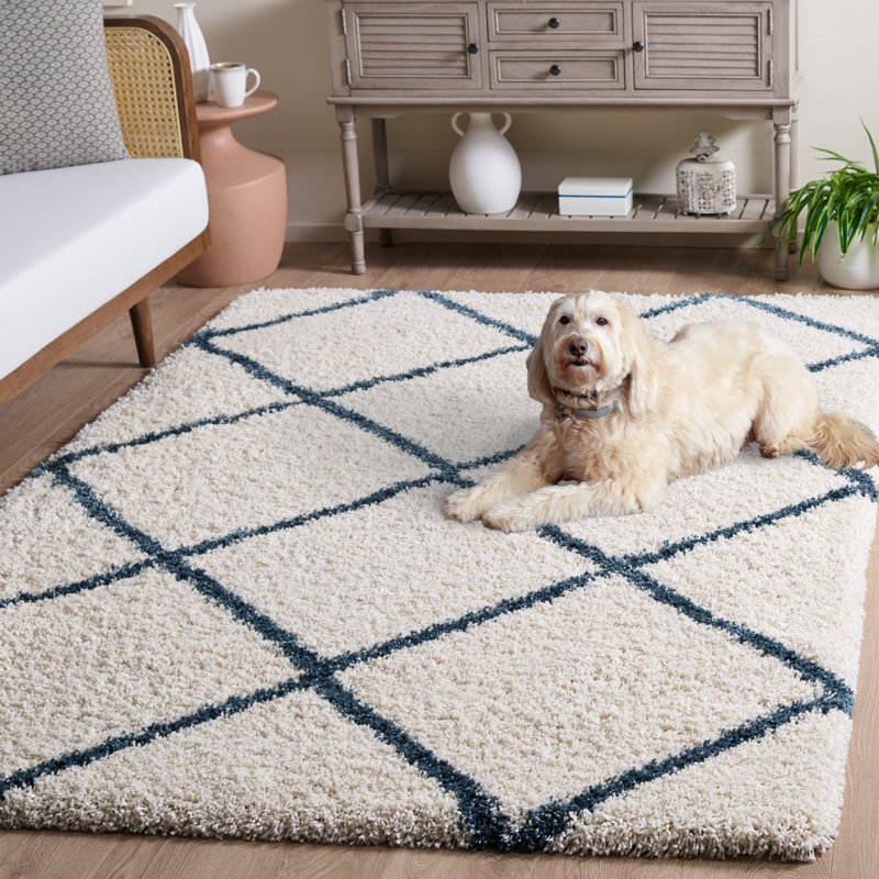 Tapis ivoire / gris à motif géométrique Darrold, Ivory/Slate Blue, Très moelleux 2 po, Rectangle 4 pi x 6 pi