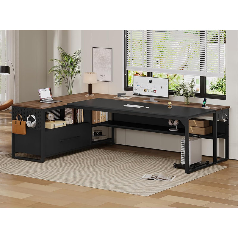 71" L-Shaped Executive Desk, Large Office Desk With Widen File Drawers and Power Outlets, Walnut