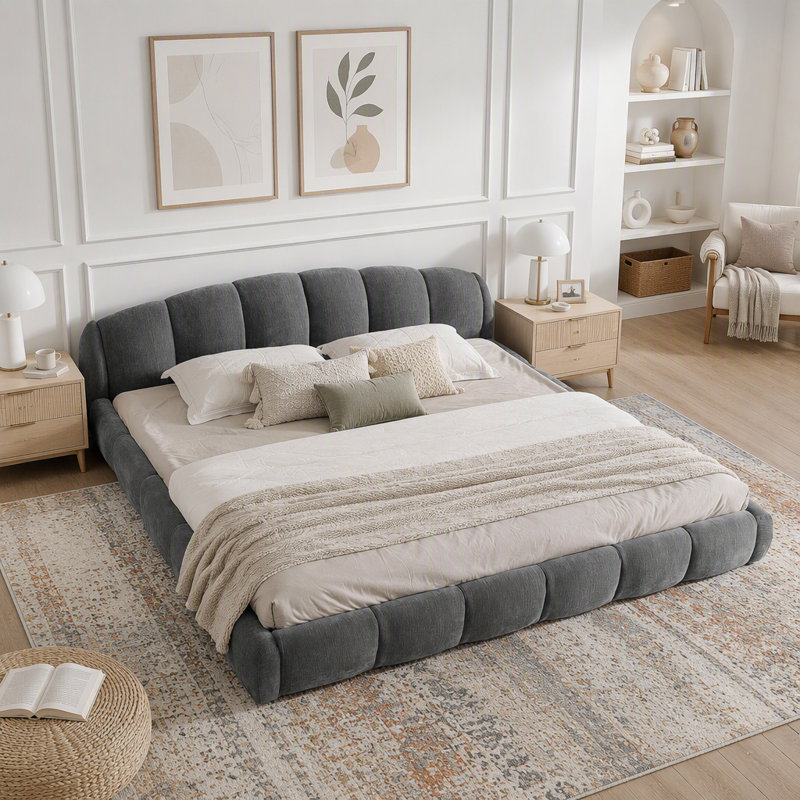 Lit plateforme tapissier avec tête de lit courbée en chenille, Très grand lit, Gris foncé