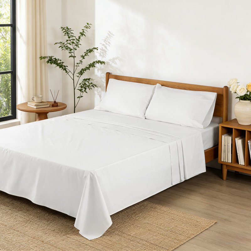 100% Cotton 250 TC Percale Crisp & Breathable Sheet Set With Pillowcase(S), White, Full Sheet Set with 2 Pillowcases
