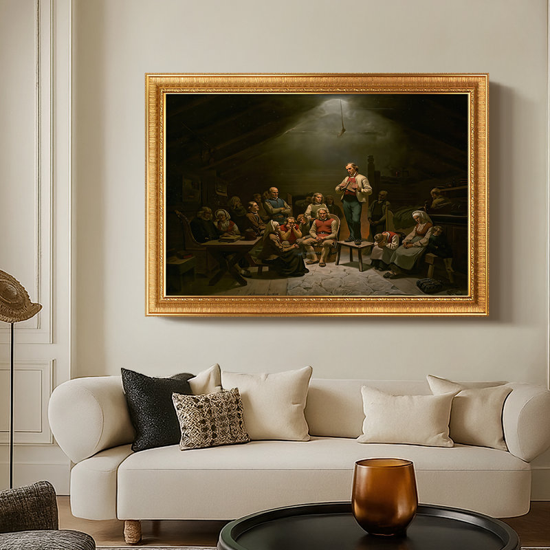 Low Church Devotion (Haugianerne), 1848-Adolph Tidemand-Custom Framed Canvas, 29X41, Ornate Venetian Gold, No