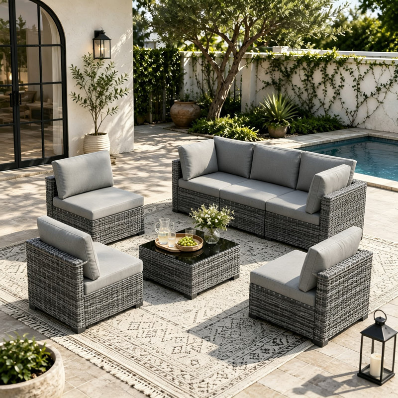 Outdoor 7-Piece Modular Rattan Patio Conversation Set with Cushions - Light Gray/Light Gray, Light Gray/Light Gray