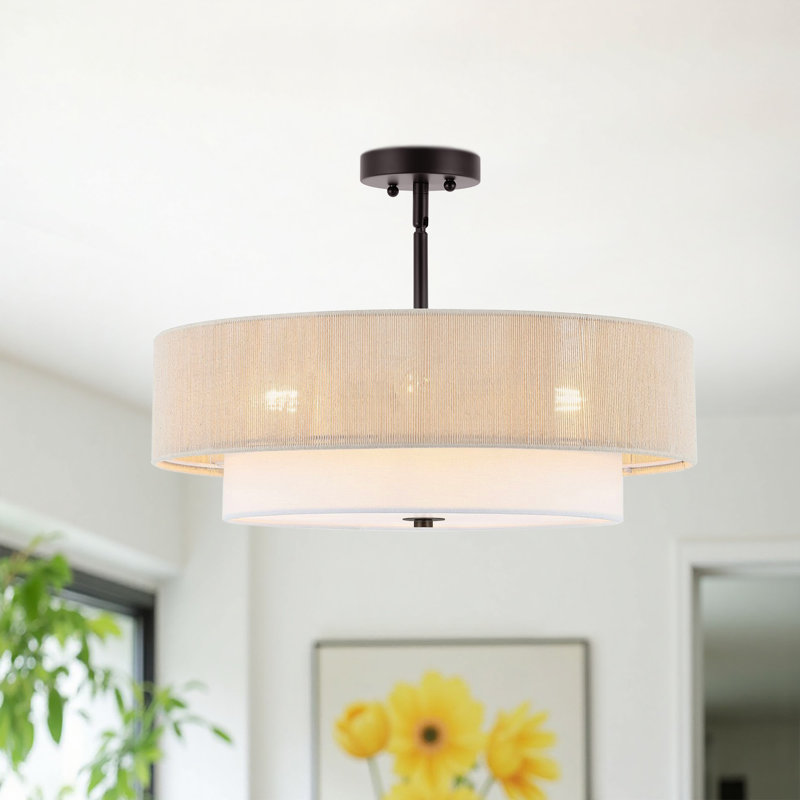 Reenat 4-Light Dimmable Shaded Drum Semi Flush Mount Chandelier, Bronze
