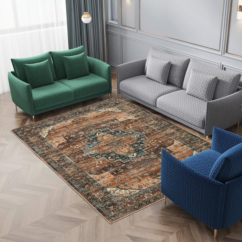 Machine Washable Area Rug Vintage Area Rugs Non Slip Backing Distressed Carpet for Living Room Kitchen Entryway, Brown
