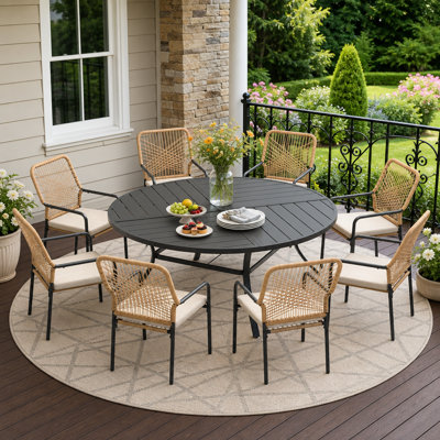 8-Person Outdoor Round Patio Dining Set With Cushioned PE Rattan Chairs