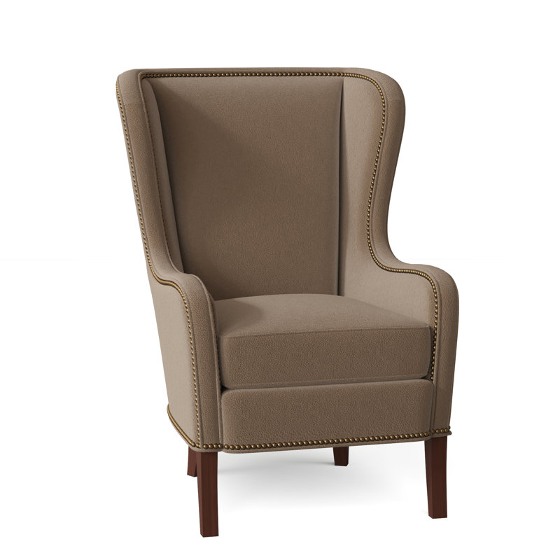 Aurora Wingback Chair, French Natural, Mahogany, Aline Light Gray Stonewash Genuine Leather