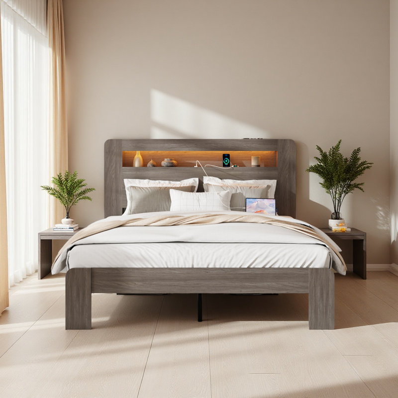 Structure de lit plateforme en bois avec tête de lit à DEL avec rangement et 2 ports USB, silencieux, aucun sommier nécessaire et outil d'assemblage facile, grand rangement sous le lit