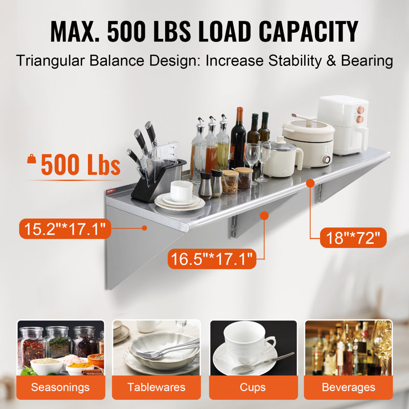 Heavy Duty Stainless Steel Wall Mounted Kitchen Shelf