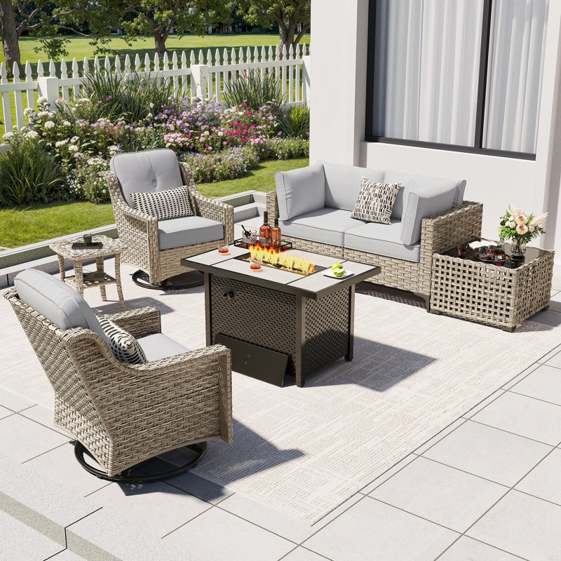 High Density Pe Cane Outdoor Sofa With Stove And Swivel Chair, Gray