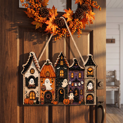 Halloween Decor Fall Halloween 2D Wooden Welcome Sign Ghost Castle Pumpkin House Wall Hanging Decor Front Door Porch Yard Home Entryway Ornament For Halloween Party