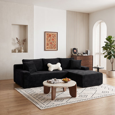 Canapé d'angle modulaire en forme de L avec rangement et méridienne - 239 x 154 x 78 cm - Velours côtelé - 1 pièce - Canapé d'angle en forme de L - Noir - avec rangement dissimulé