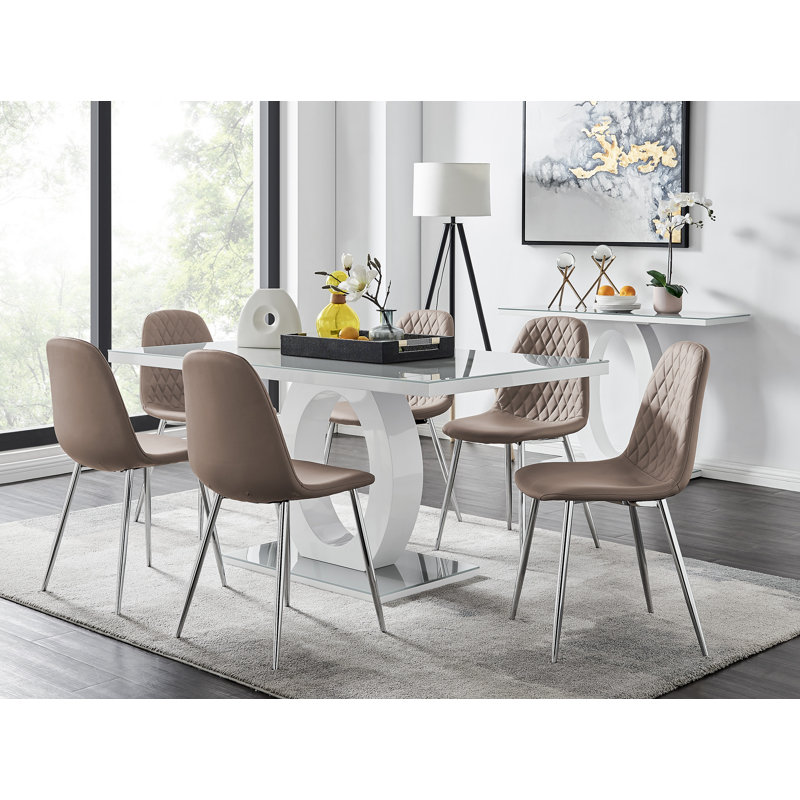 Scottsmoor Modern High Gloss Halo 6 Seater Dining Table Set with Luxury Faux Leather Dining Chairs, Gray/Silver